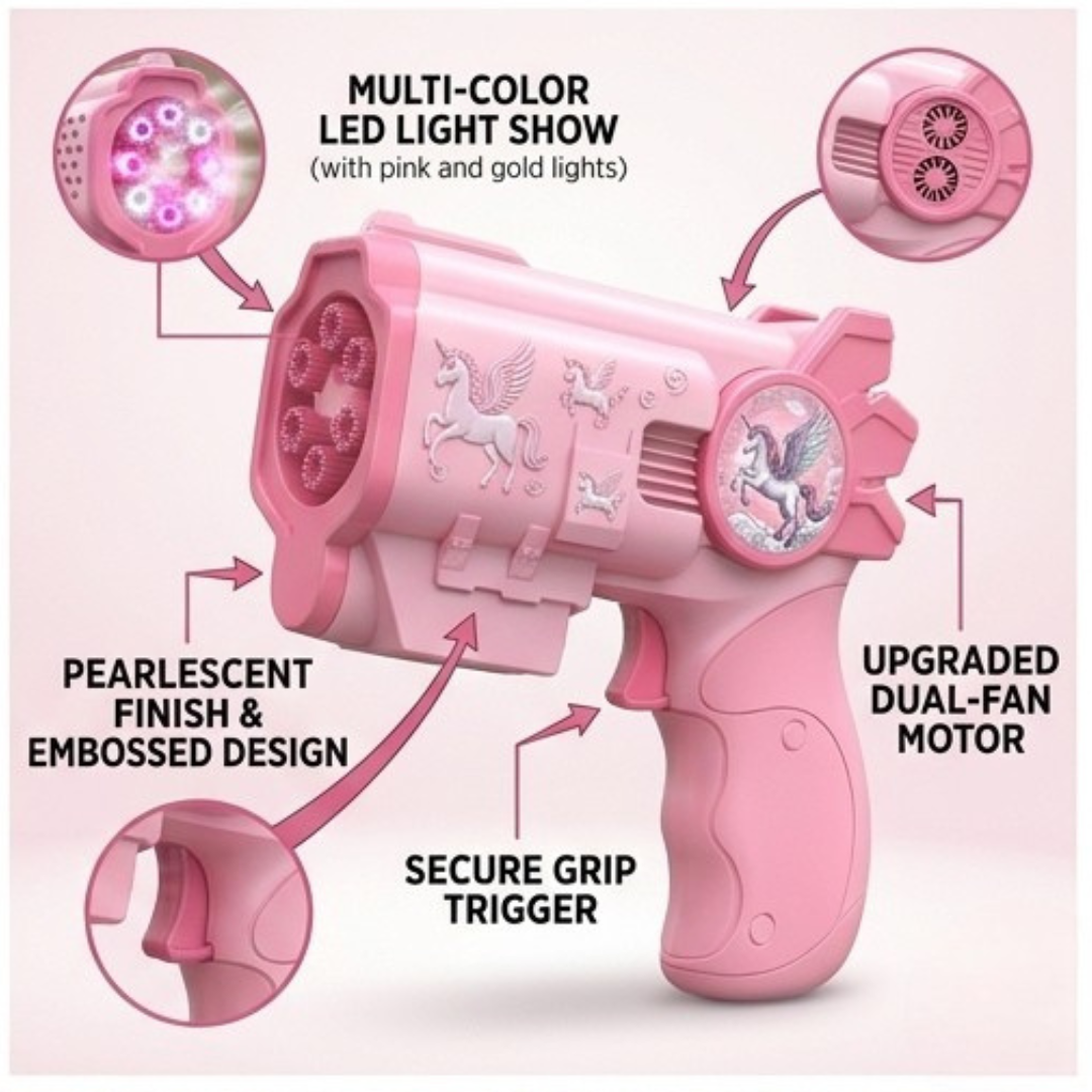 Unicorn Electric Bubble Gun Toy with Lights – Automatic Soap Blower for Outdoor Play