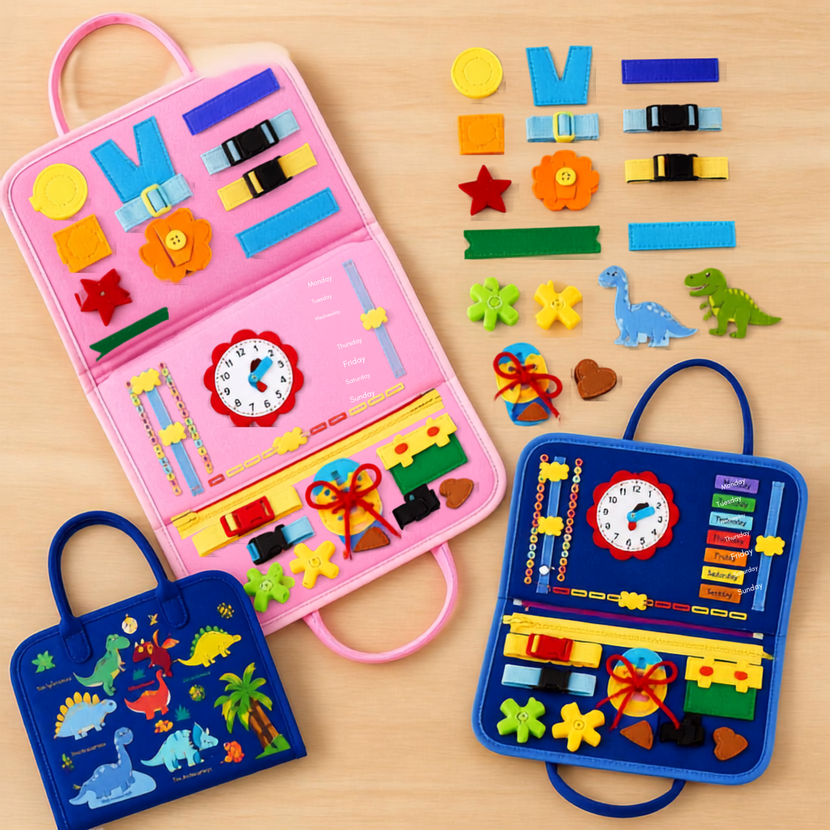 Montessori Busy Bag for Toddlers – Activity Book with Zippers, Buckles, Clock & Alphabet
