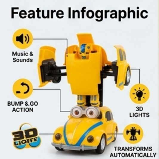 Big Eyes Cartoon Car Transforming Robot – VW Beetle Toy with Lights & Music