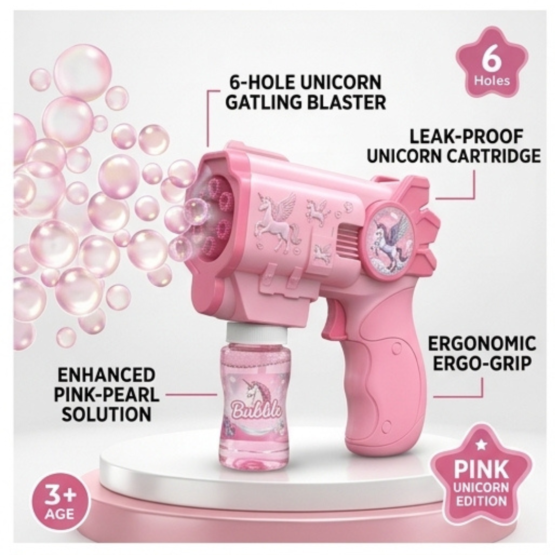 Unicorn Electric Bubble Gun Toy with Lights – Automatic Soap Blower for Outdoor Play