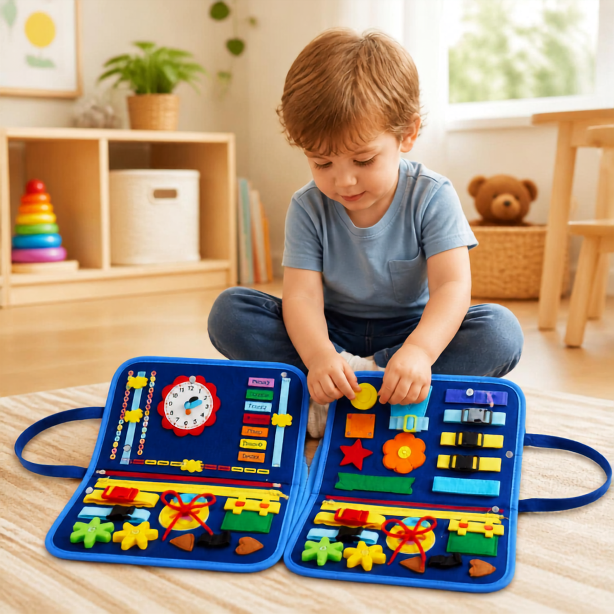 Montessori Busy Bag for Toddlers – Activity Book with Zippers, Buckles, Clock & Alphabet