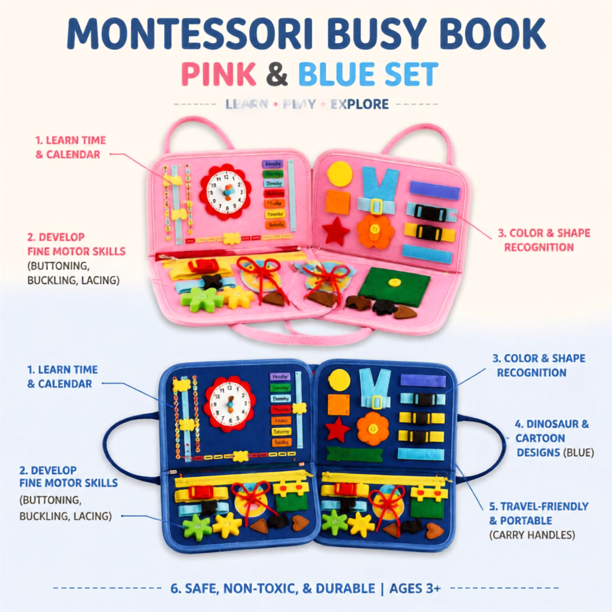 Montessori Busy Bag for Toddlers – Activity Book with Zippers, Buckles, Clock & Alphabet