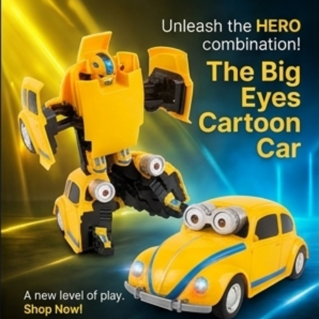 Big Eyes Cartoon Car Transforming Robot – VW Beetle Toy with Lights & Music