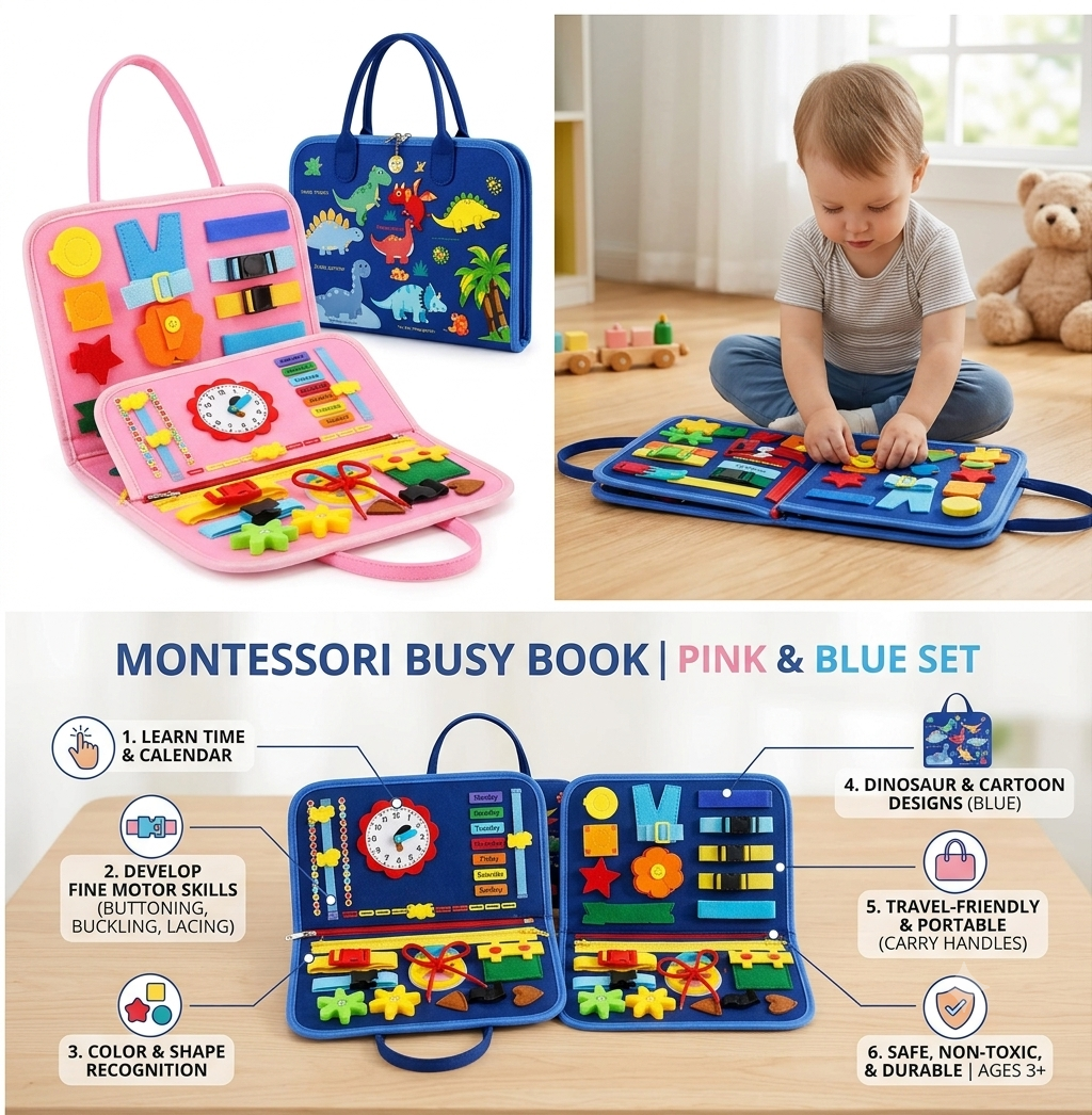 Montessori Busy Bag for Toddlers – Activity Book with Zippers, Buckles, Clock & Alphabet